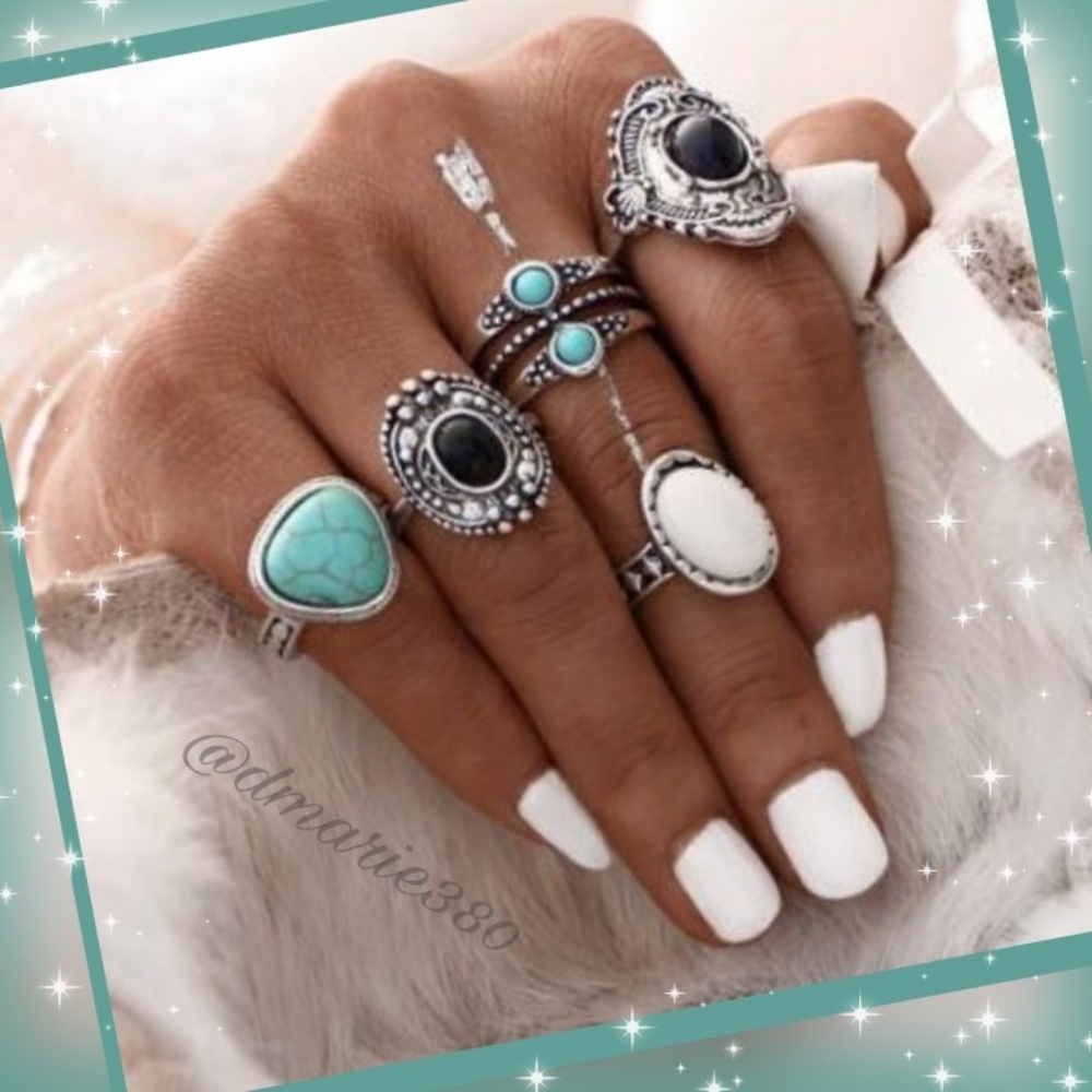 Bohemian Vintage silver 5pc ring set